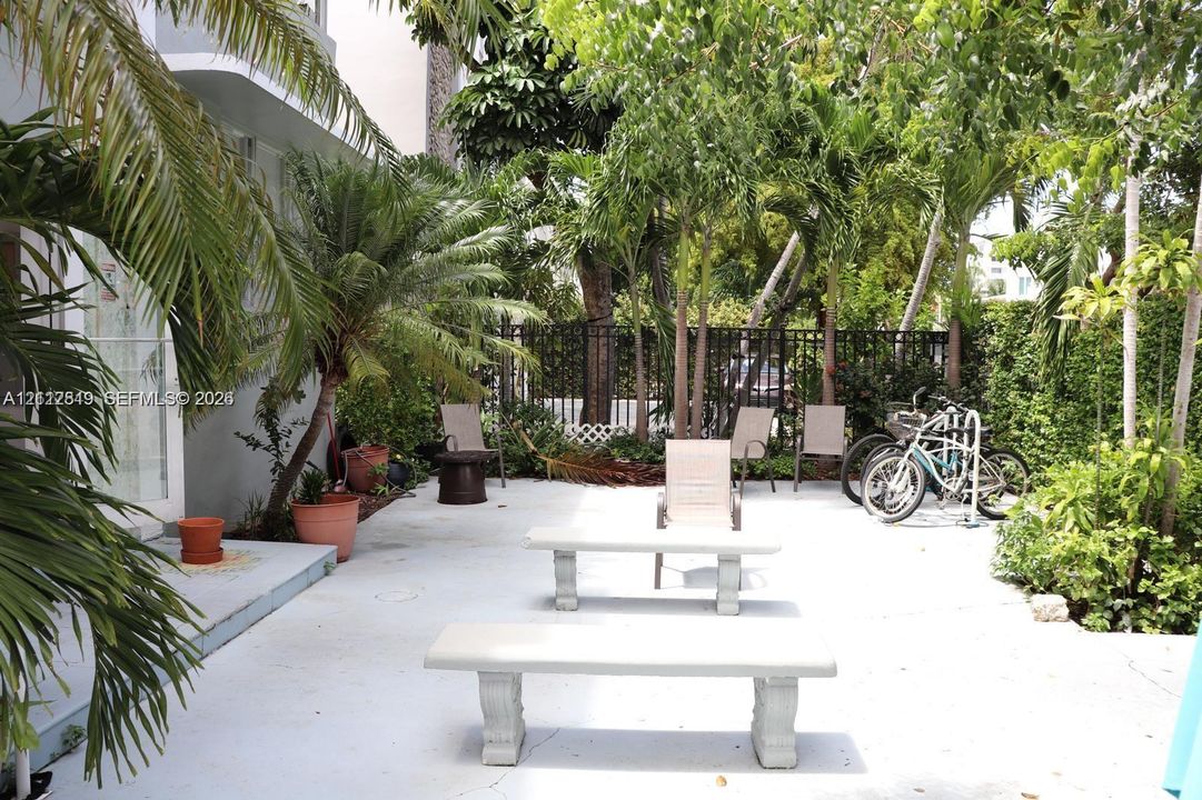 Paved patio area featuring decorative stone benches, mature palm trees, and perimeter metal fencing