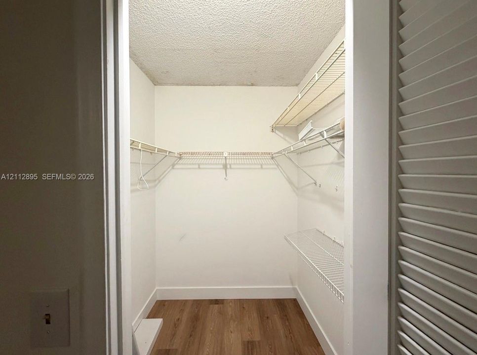Walk-in closet featuring wood-finish flooring, white walls, and multi-tier wire shelving