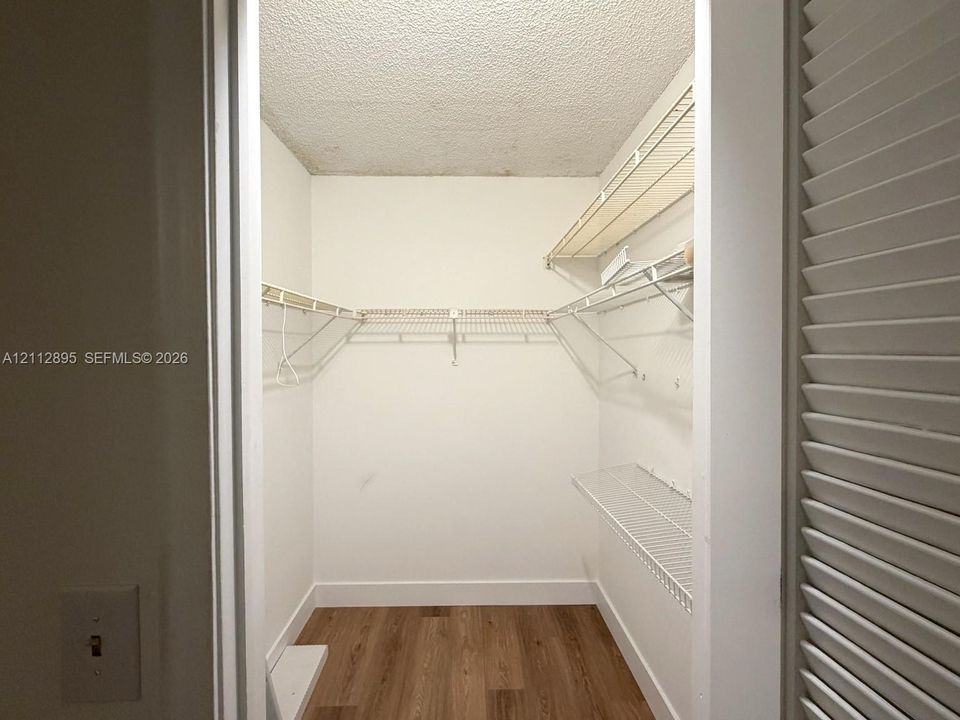 Walk-in storage space featuring wood-finish flooring and tiered wire shelving