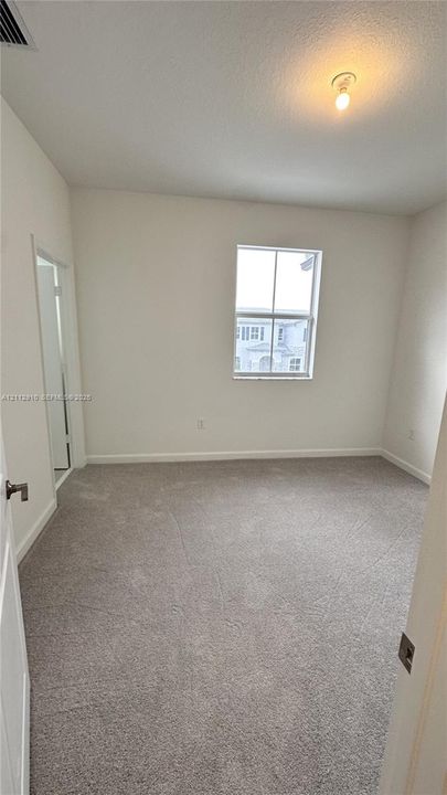 Neutral-toned wall paint, plush carpeting, a single-pane window with architectural muntins, and a central ceiling-mounted light fixture