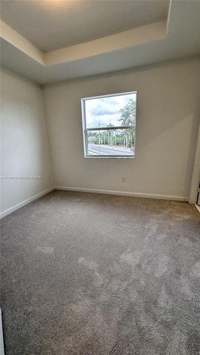 Interior space featuring a recessed tray ceiling, neutral wall tones, wall-to-wall carpeting, and a single-pane window