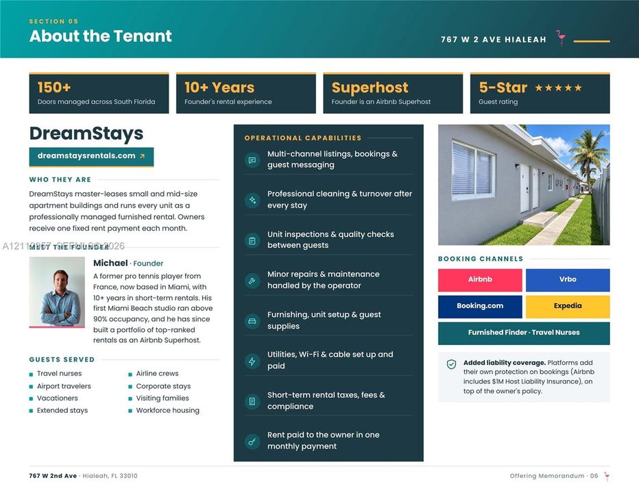 Offering Memorandum, Tenant Profile. Outlining the operational model and management qualifications for the property