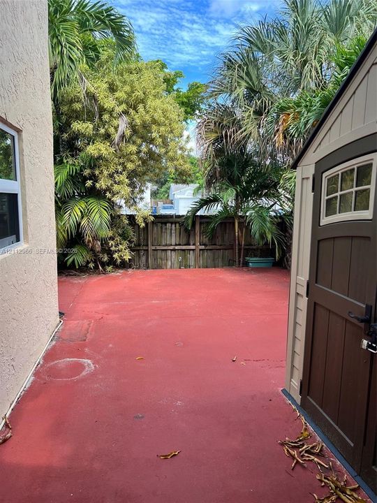 Exterior area featuring a concrete patio, wood-style privacy fencing, and mature palm trees