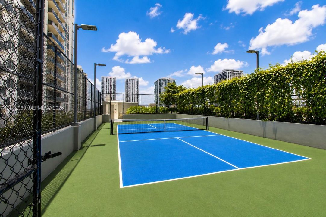 Recreational court featuring a high-visibility surface, perimeter chain-link fencing, integrated pole lighting, and natural vegetative screening