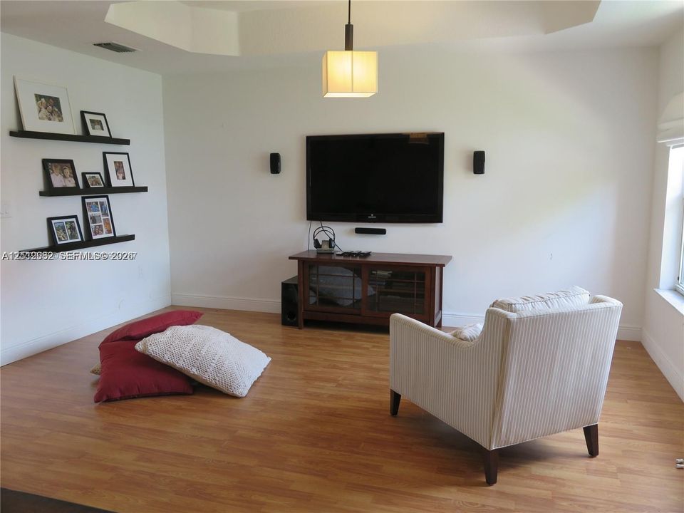 Tray ceiling, wood-finish flooring, built-in shelving, and pendant lighting