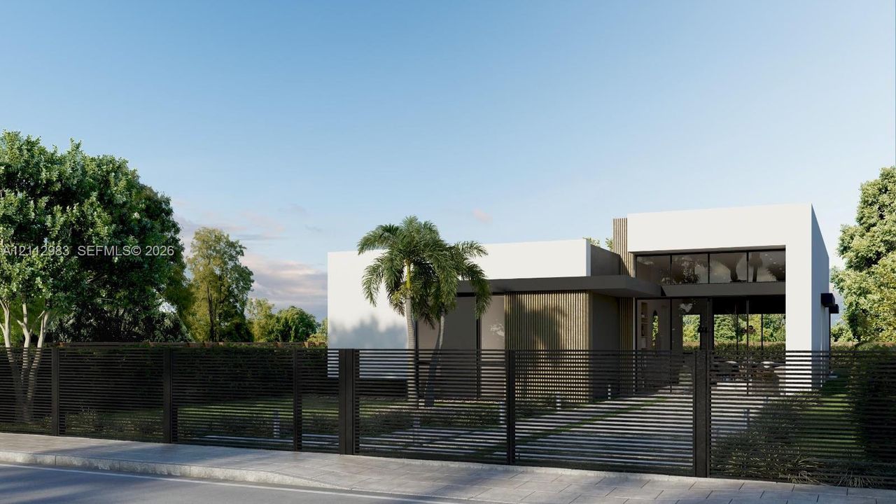 Contemporary exterior featuring clean geometric lines, a monochromatic finish, large glass windows, and a metal horizontal-slat fence