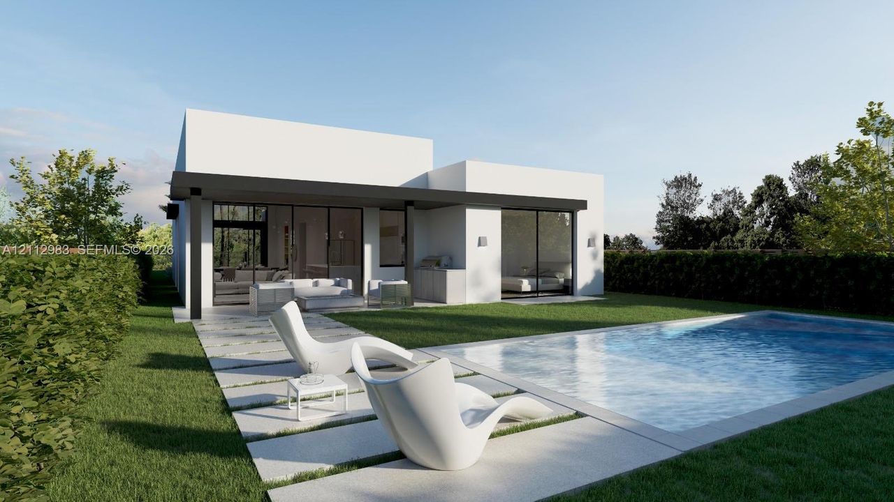 Modern architectural exterior featuring a flat roofline, expansive sliding glass doors, a covered patio, a manicured lawn, and a rectangular swimming pool with hardscaped surrounds