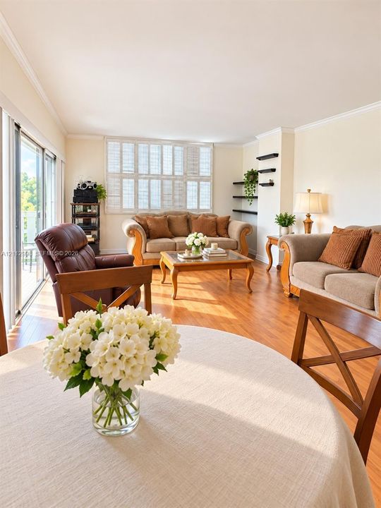 Living area featuring wood-finish flooring, plantation shutters, crown molding, built-in shelving, and floor-to-ceiling sliding glass doors