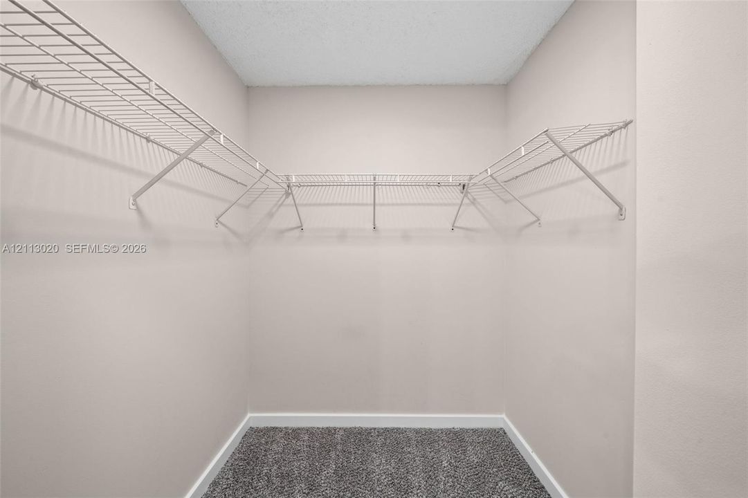 Walk-in storage space featuring neutral wall paint, gray carpeting, and white wire shelving
