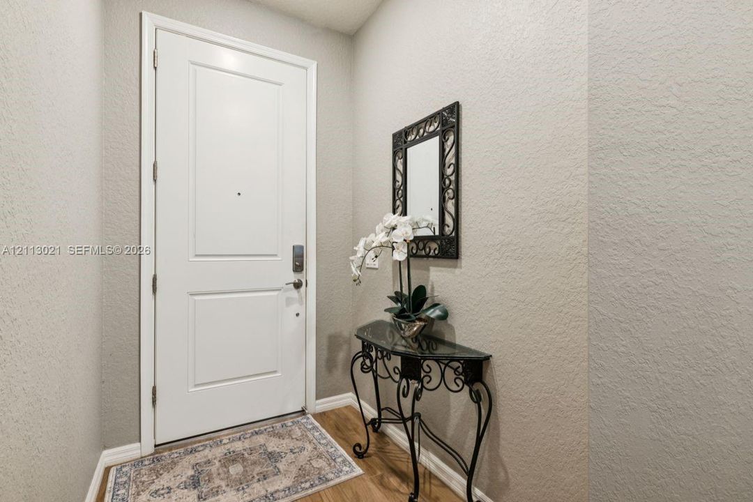 Solid core paneled door with brushed metallic hardware and wood-finish flooring