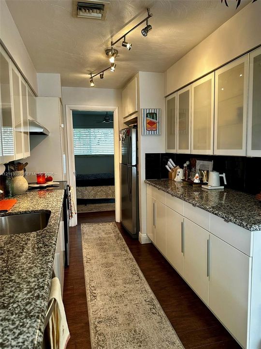 Kitchen featuring white cabinetry with frosted glass upper panels, stone countertops, stainless steel appliances, dark wood-finish flooring, and adjustable track lighting