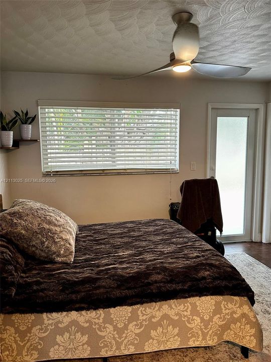 Textured ceiling, modern three-blade ceiling fan with integrated lighting, horizontal window blinds, and frosted glass exterior door