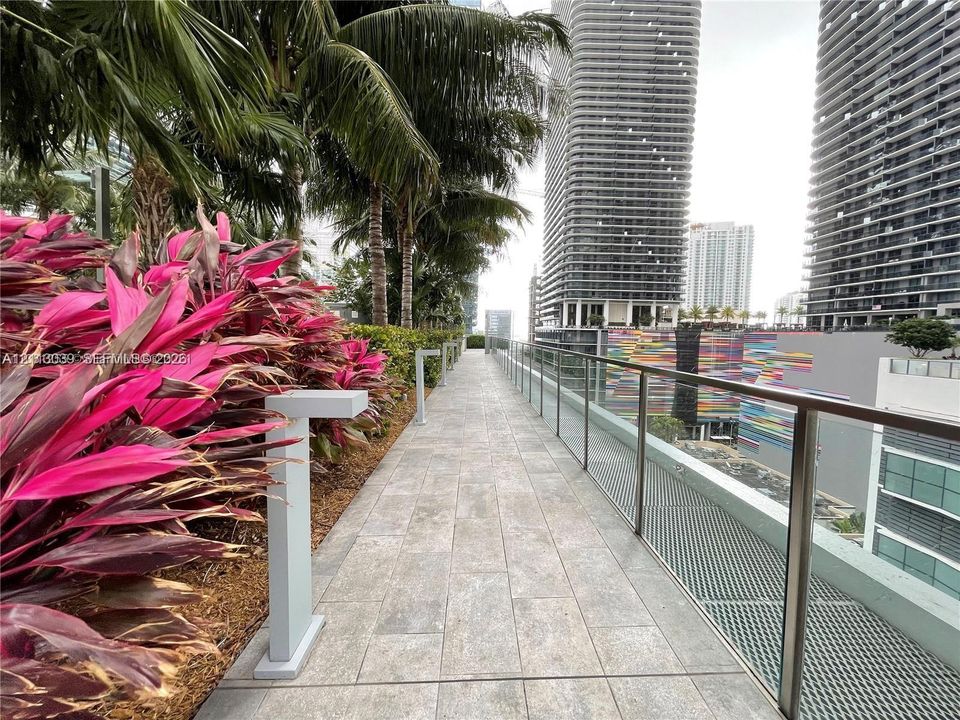 Terrace featuring large-format stone-look tile flooring, glass panel railing, and integrated metal path lighting, bordered by mature palm trees and tropical shrubbery
