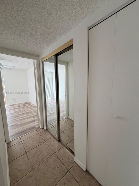 Ceramic tile flooring, dual sliding mirrored closet doors, and wood-finish flooring