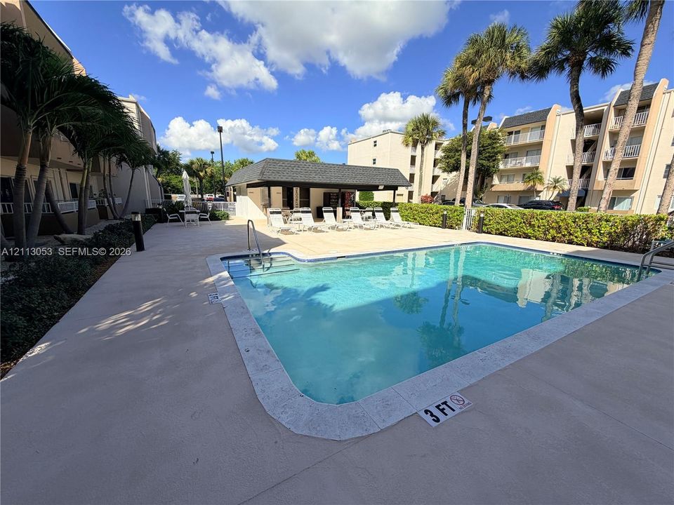 Swimming pool with concrete decking, covered poolside pavilion, and established palm tree landscaping