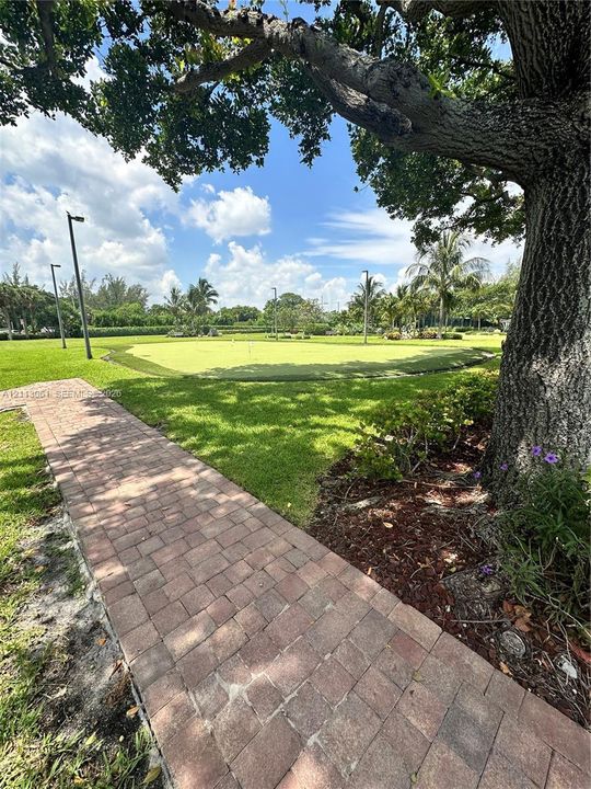 Expansive grounds featuring a manicured putting green, brick paver walkway, mature tree canopy, and landscape lighting