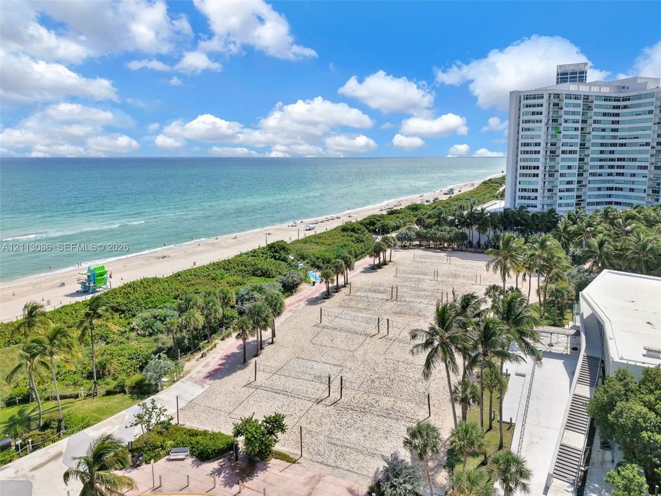 Direct oceanfront positioning featuring a sandy beach, mature palm trees, multi-court athletic sand surface, and paved pedestrian pathways