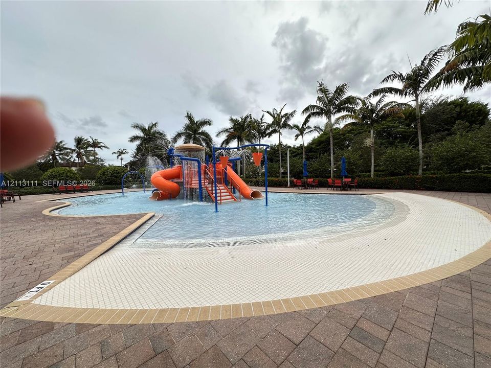 Zero-depth entry pool featuring a built-in water play structure with slides, overhead water features, brick paver decking, and mature palm trees