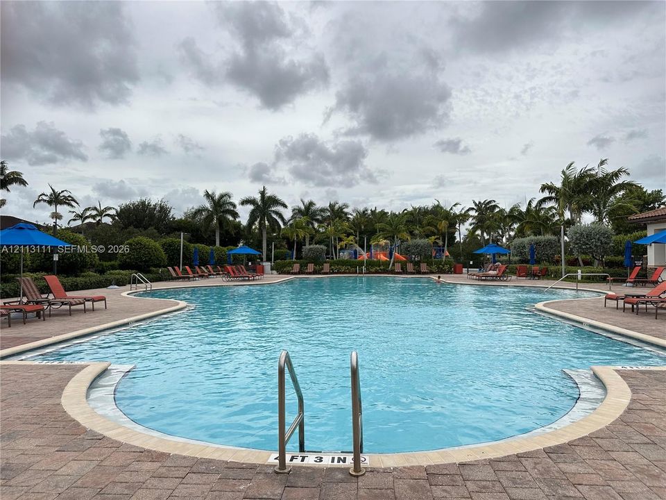 In-ground swimming pool featuring a paver stone deck, metal handrails, and mature palm tree landscaping