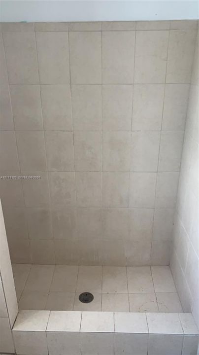 Walk-in shower enclosure featuring floor-to-ceiling light-toned ceramic wall tiling and a coordinating tiled threshold
