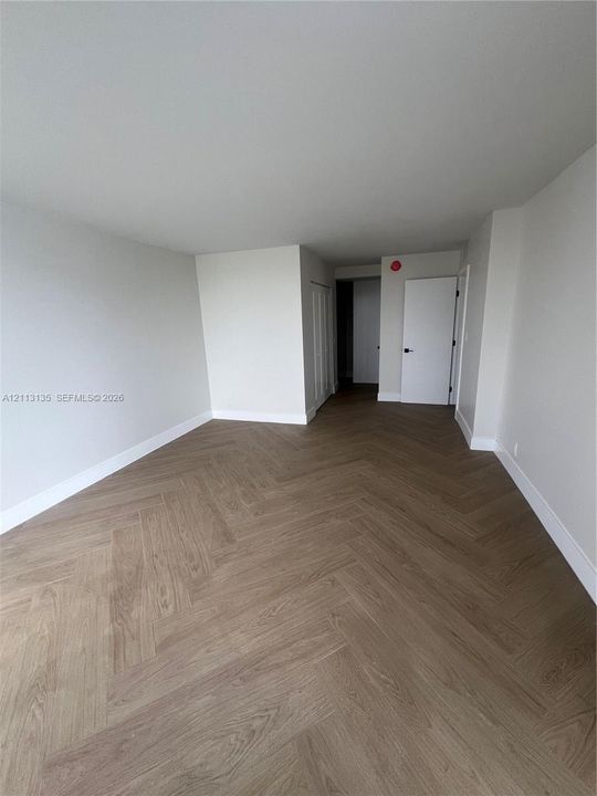 Neutral-toned interior space featuring herringbone-pattern wood-finish flooring and solid core swing doors