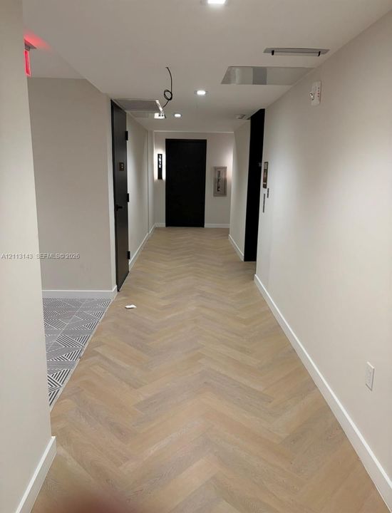 Hallway featuring light-toned wood flooring in a herringbone pattern, contrasting black interior doors, recessed lighting, and geometric patterned tile accent flooring