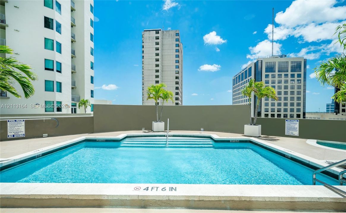 Rooftop swimming pool featuring a concrete deck, integral steps, stainless steel handrails, and built-in planters