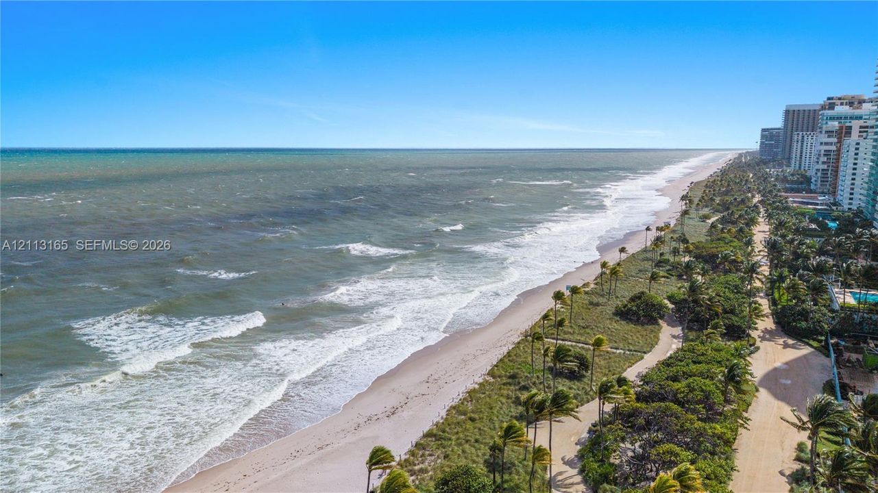 Oceanfront property featuring direct beach access, expansive coastline scenery, and lush perimeter landscaping