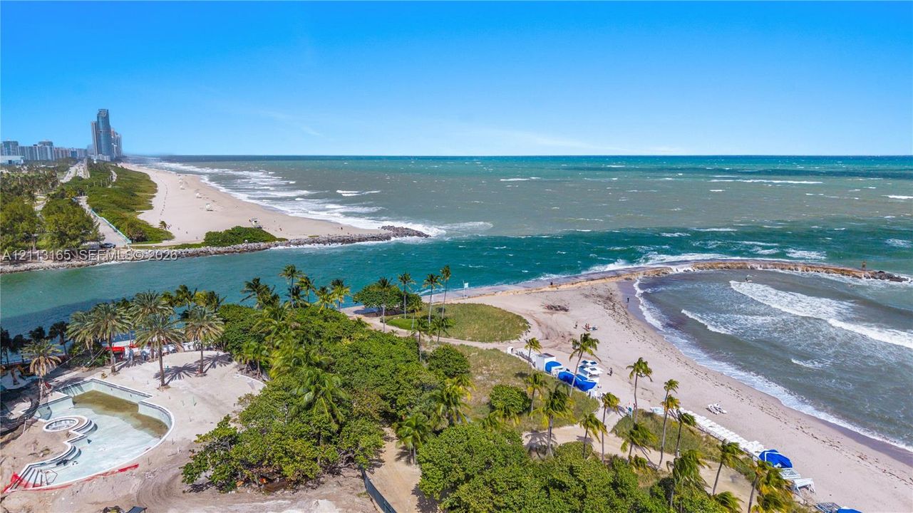 Coastal property featuring direct water access, a concrete swimming pool, expansive sandy shorelines, lush mature palms, and open ocean frontage