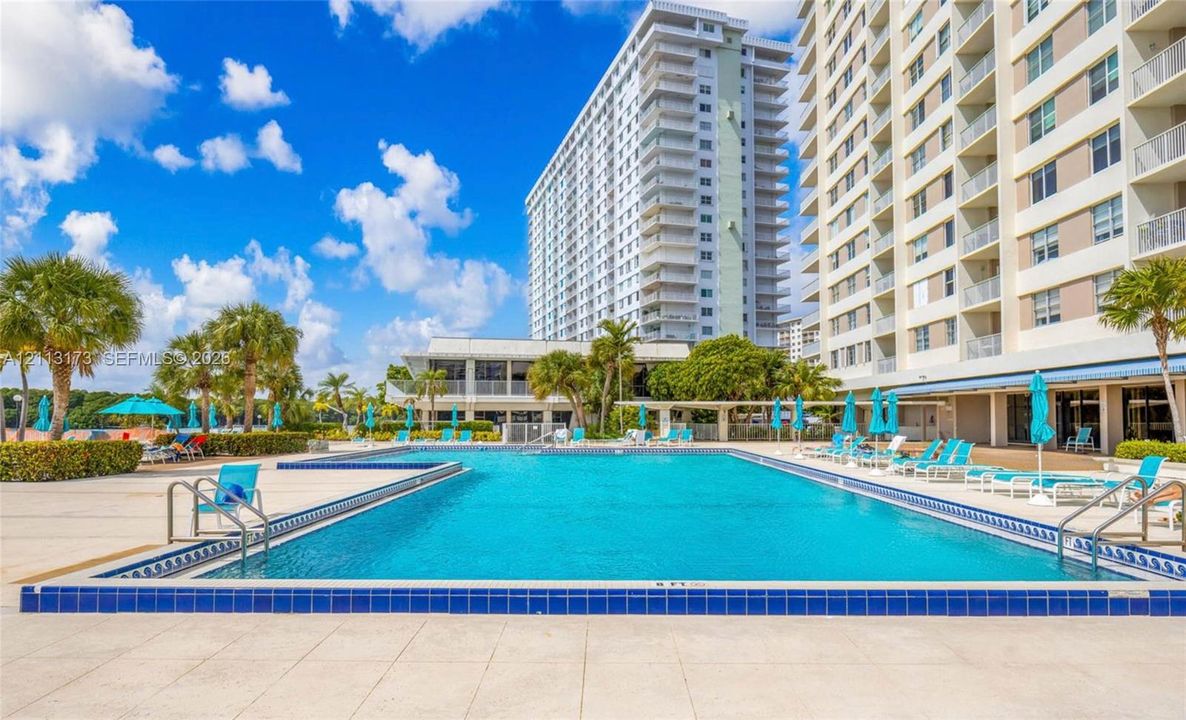 Rectangular swimming pool featuring a decorative tiled border and paved deck surroundings with mature palm trees