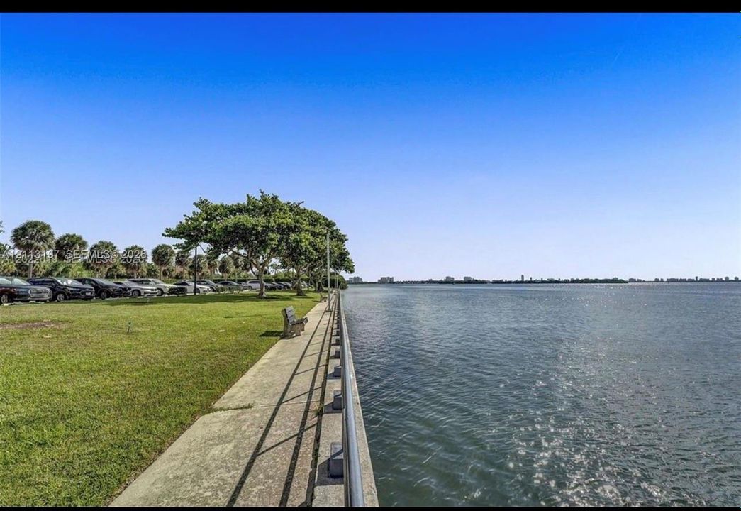 Waterfront property featuring a concrete seawall, metal railing, expansive lawn, and mature trees