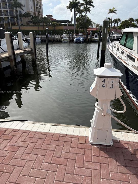 Private boat slip with brick-paver docking area, mooring pilings, and dedicated shore power pedestal