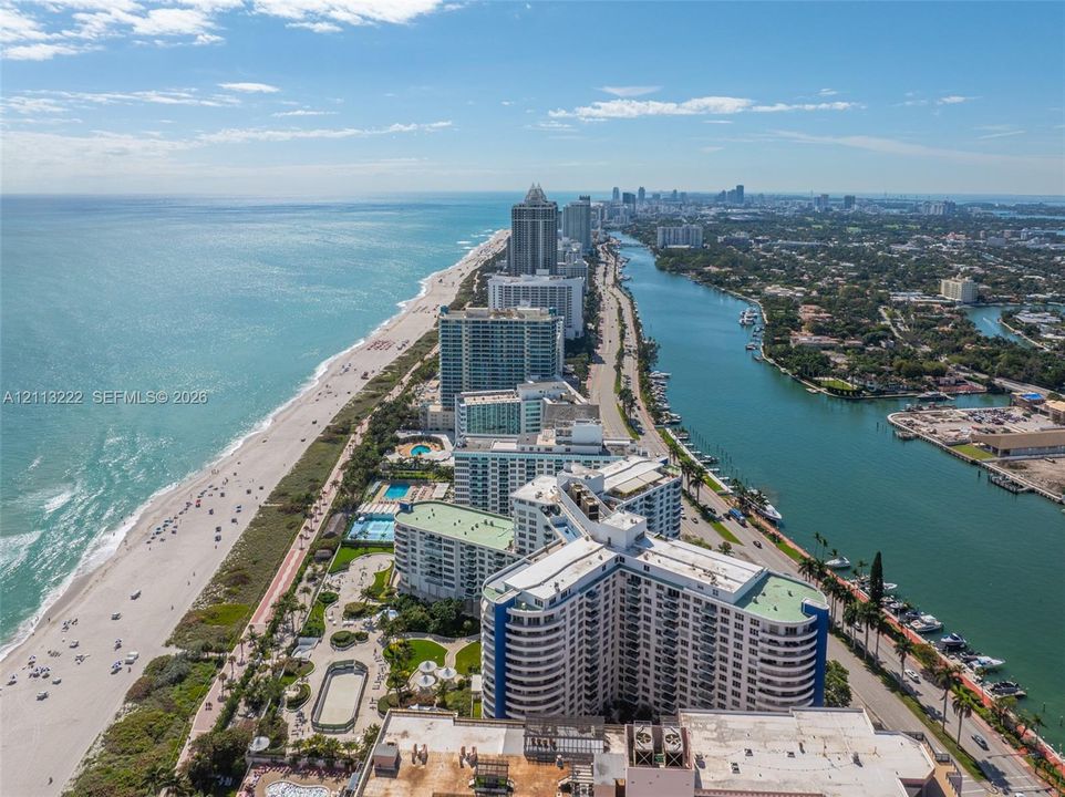 Aerial perspective featuring coastal shoreline, ocean frontage, and waterways