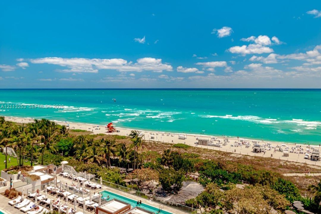 Direct oceanfront exposure featuring a swimming pool, glass-panel perimeter fencing, lush perimeter landscaping, and mature palm trees
