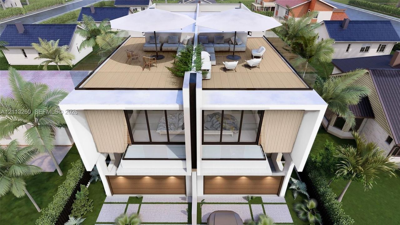 Contemporary duplex exterior featuring a rooftop deck with wood-finish decking, glass panel railings, and dual-car garages with segmented doors