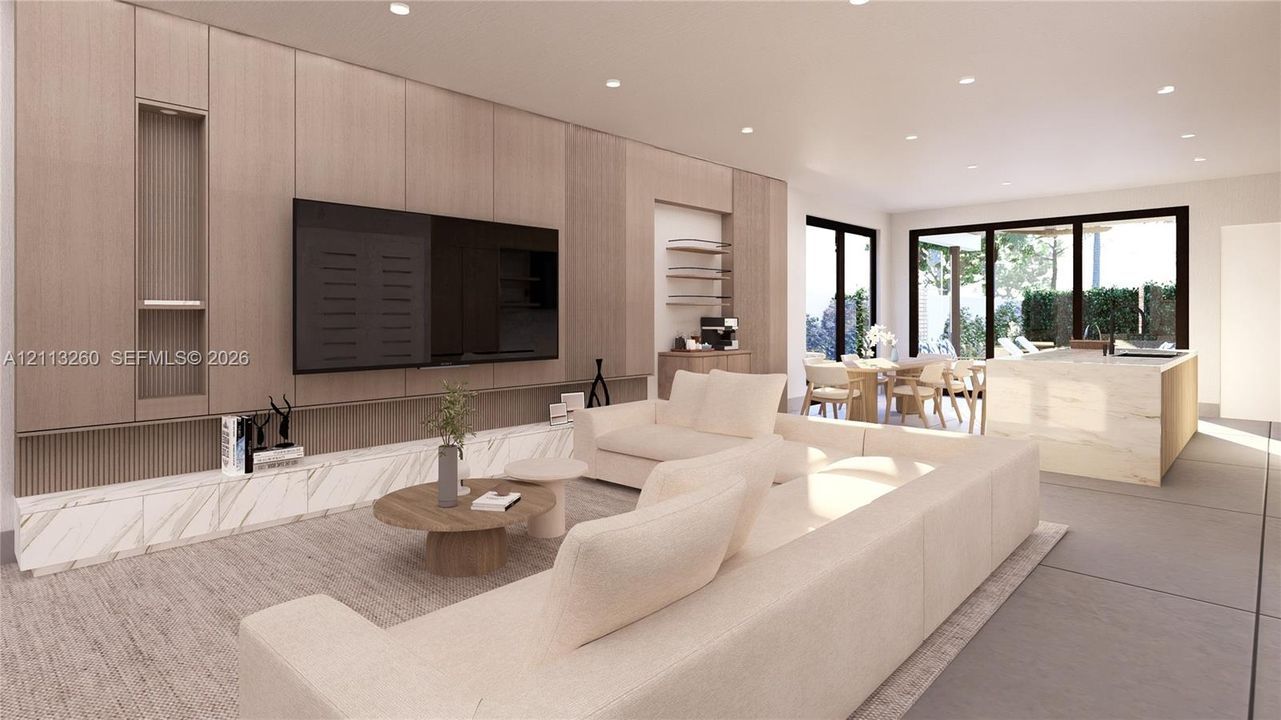 Full-height wood-panel cabinetry with integrated shelving, stone-finish low-profile built-in media console, recessed ceiling lighting, and large-format tile flooring