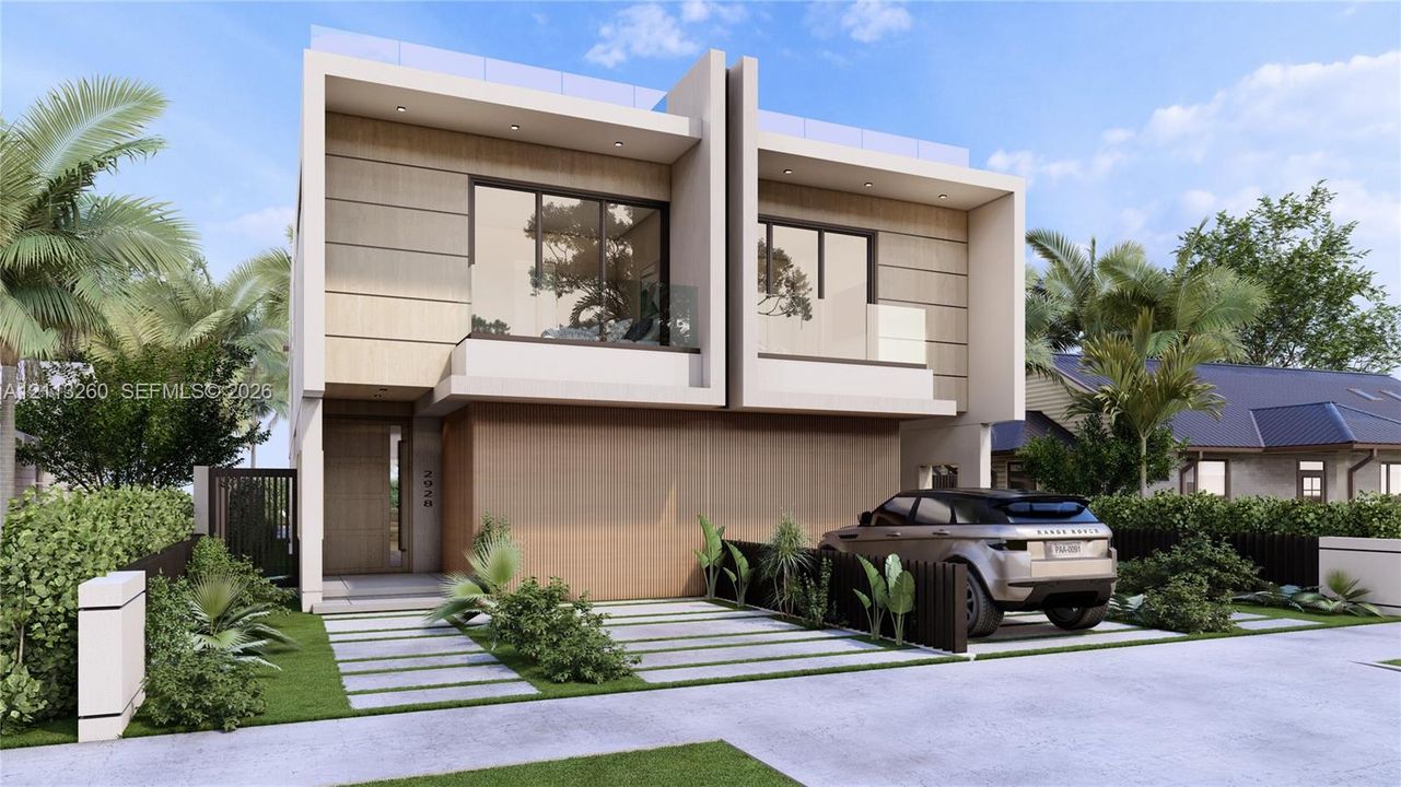 Contemporary two-story exterior featuring a wood-panel facade, floor-to-ceiling glass doors, upper-level balconies with glass railings, and a concrete paver driveway