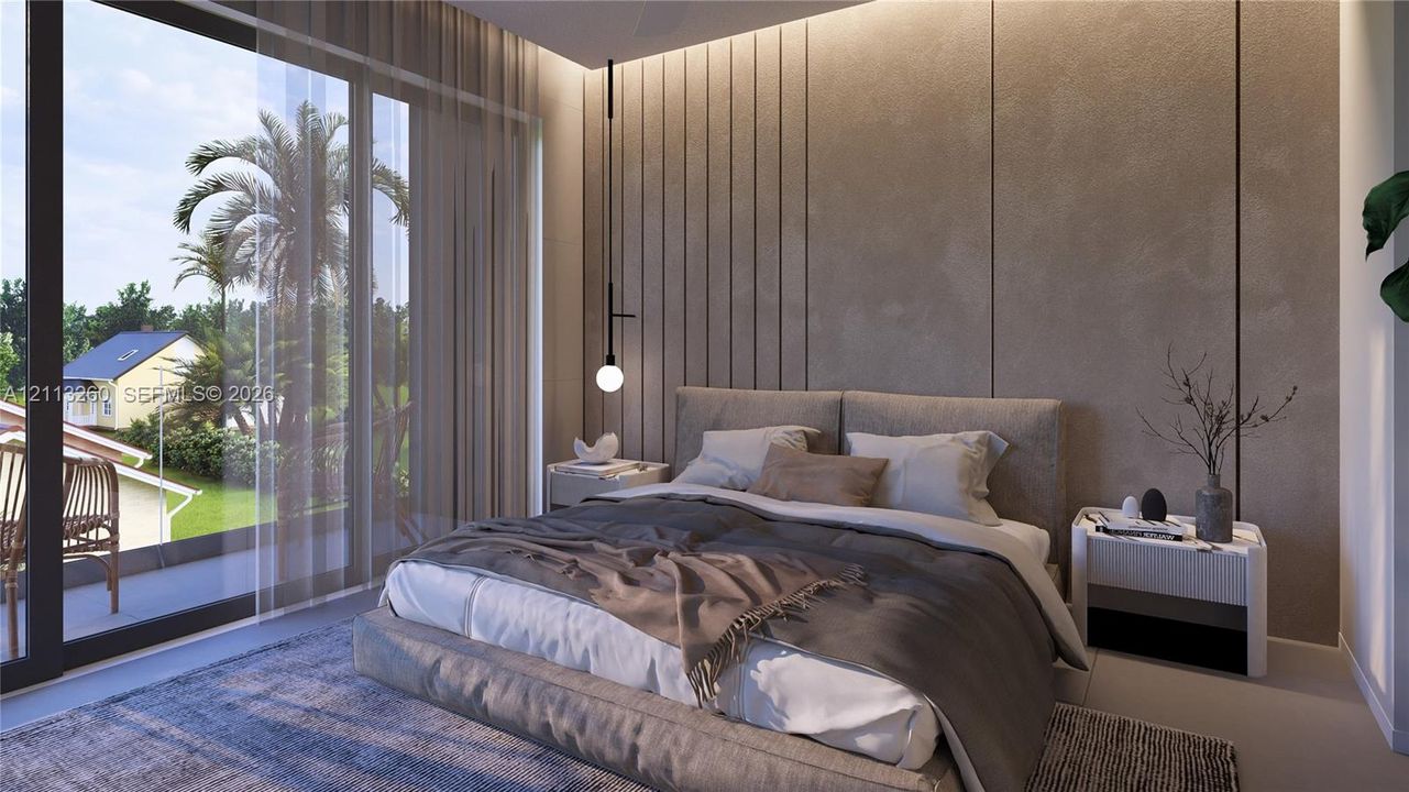 Floor-to-ceiling glass sliding doors, textured accent wall with vertical inlay detail, matte black pendant lighting, and neutral-tone tile flooring