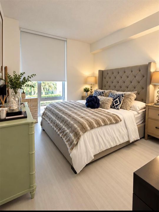 Neutral-toned wood-finish flooring, large floor-to-ceiling window, and adjustable window roller shade
