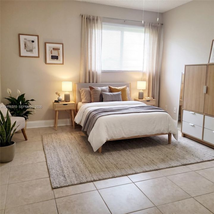 Neutral-toned interior space featuring light-colored ceramic tile flooring, a large window with integrated blinds, and a white ceiling fan