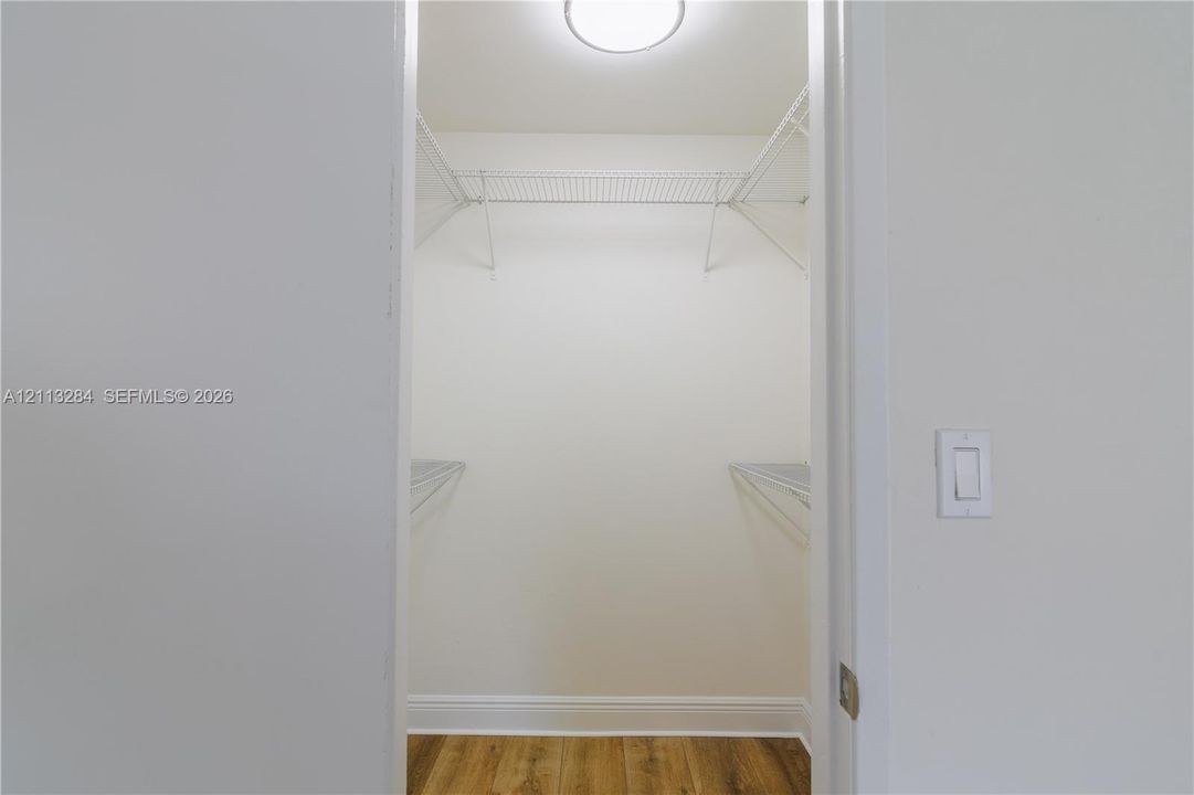 Walk-in closet featuring wood-finish flooring, white walls, and integrated wire shelving