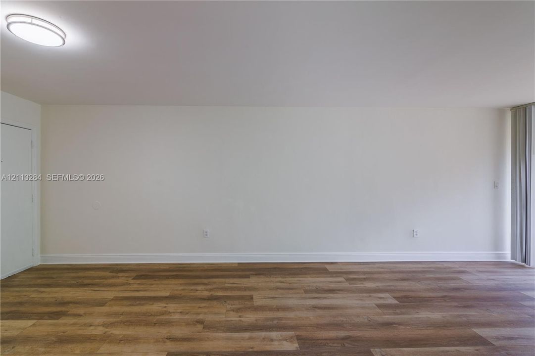 Interior space featuring wood-finish flooring, neutral wall tones, a ceiling-mounted flush light fixture, and vertical window blinds