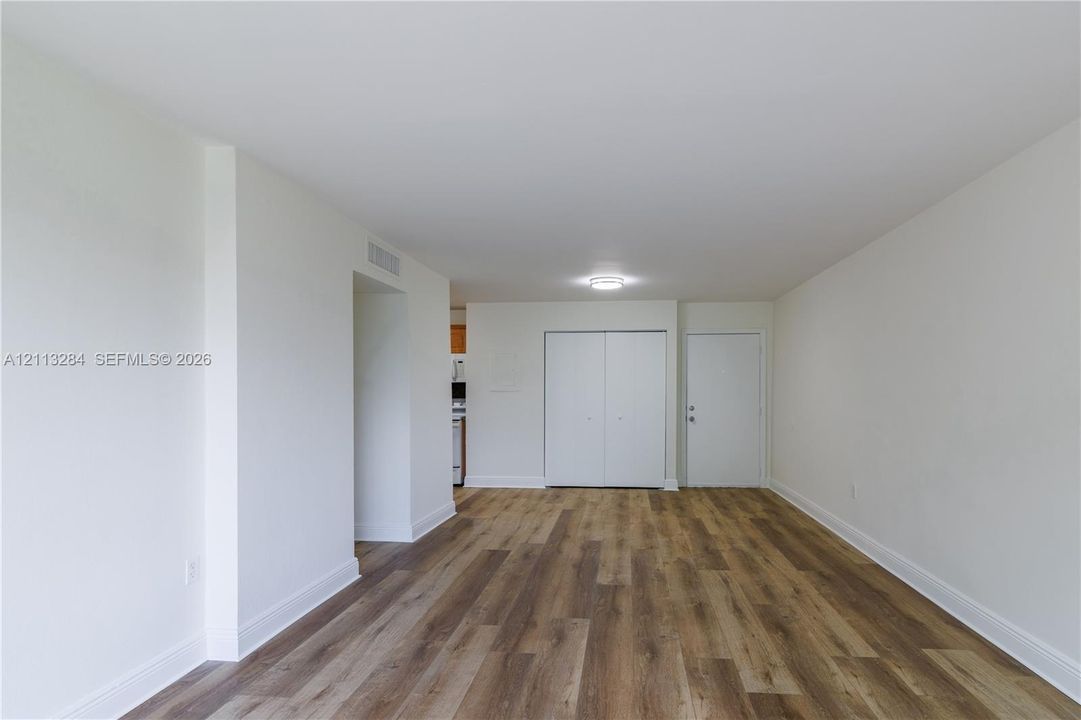 Interior space featuring wood-finish flooring, white walls, flush-mount ceiling lighting, a closet with double doors, and a solid-panel door