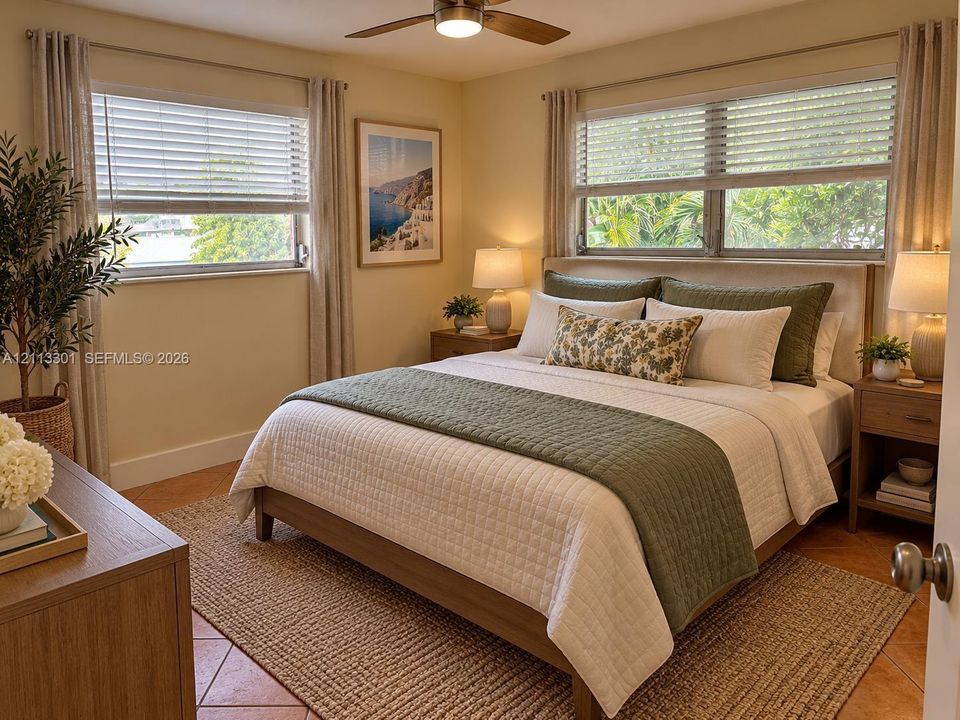 Interior space featuring tile flooring, dual-aspect windows with horizontal blinds, and a ceiling-mounted fan with integrated lighting