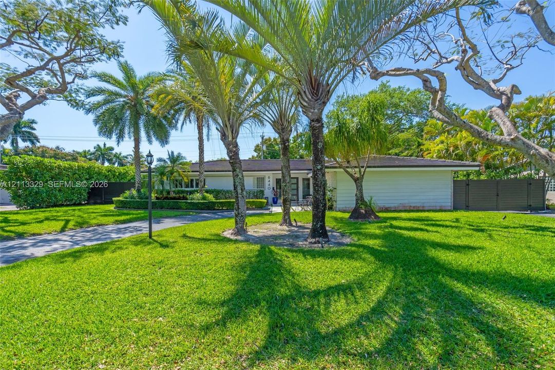Single-story exterior with horizontal siding, sprawling lawn, mature palm trees, paved driveway, and perimeter fencing