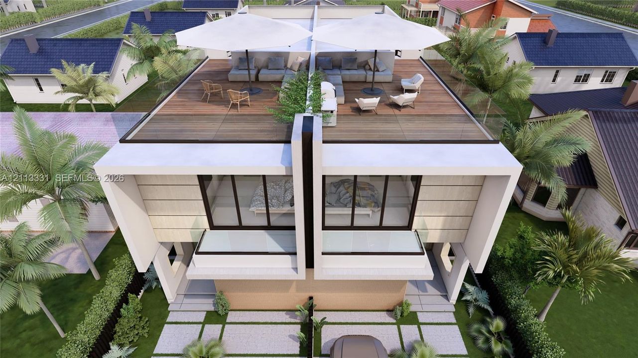 Rooftop terrace featuring wood-finish decking and glass panel railings