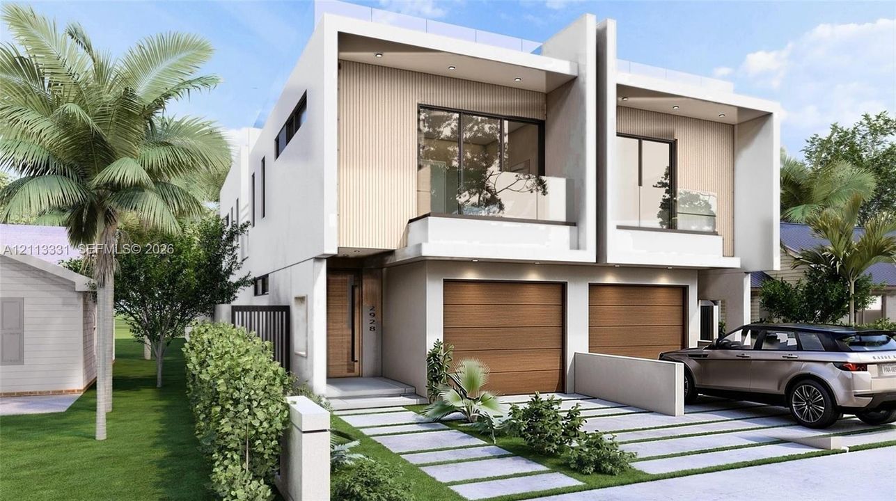 Modern architectural exterior featuring a stucco facade, wood-panel siding, dual built-in garages, second-story balconies with glass railings, and linear paver driveway