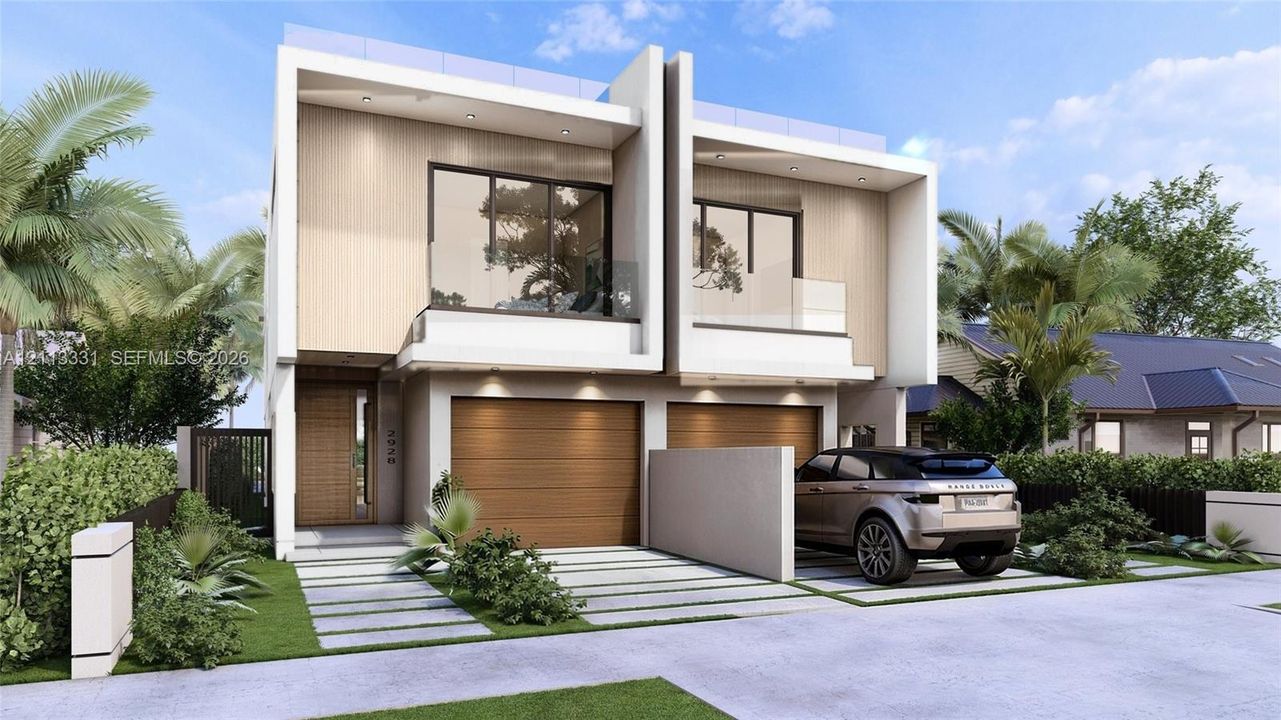 Modern architectural exterior featuring two-tone smooth stucco and wood-finish siding, two attached garages, glass-railed upper-level balconies, and a concrete paver driveway