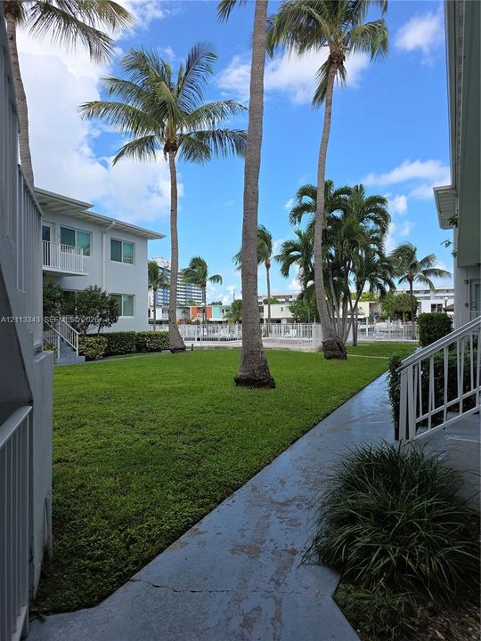 Expansive common area featuring a manicured lawn, mature palm trees, exterior stairs, and a metal-fenced swimming pool