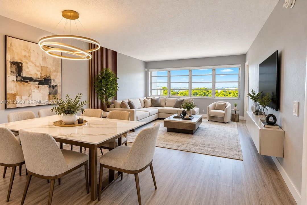 AI RENDERING-Open-concept living space featuring wood-finish flooring, a wall-mounted floating media console, a floor-to-ceiling vertical slat accent wall, and a contemporary multi-ring pendant chandelier